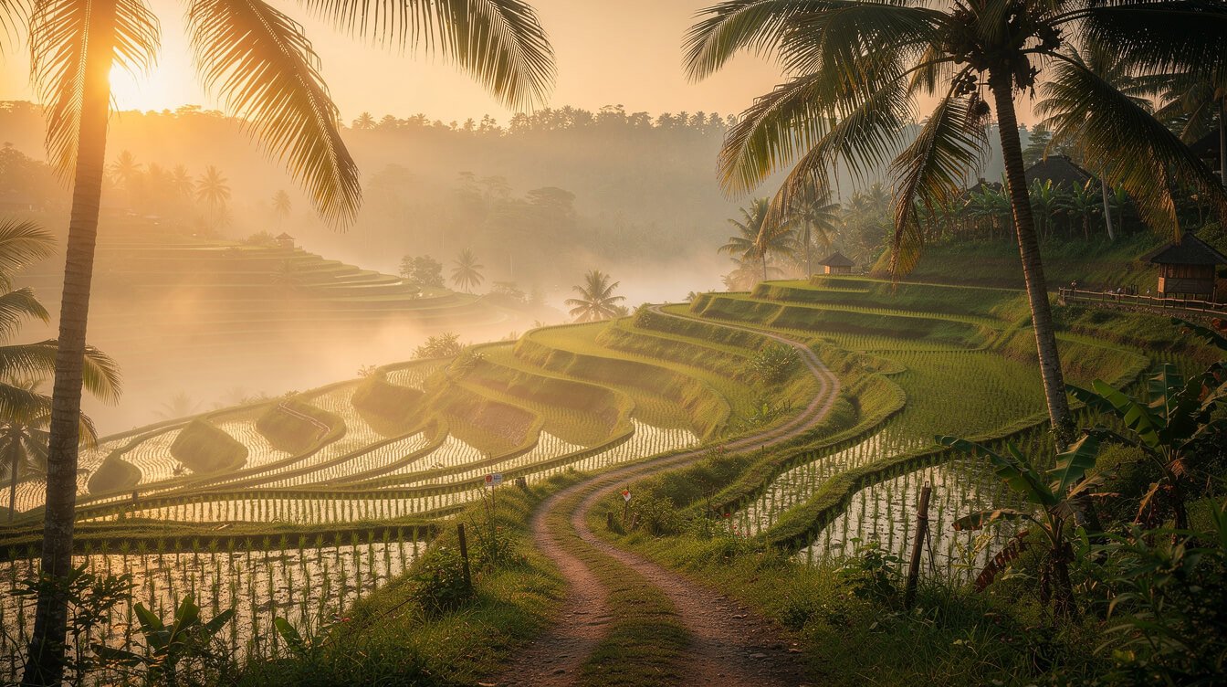 Ubud rice terraces morning mist