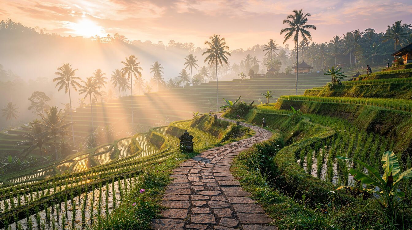 Misty Ubud rice terraces at sunrise
