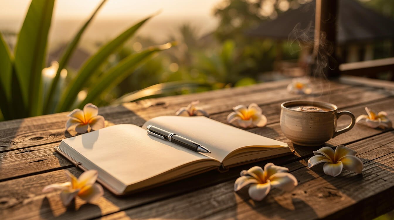 Open notebook with tropical leaves on villa deck