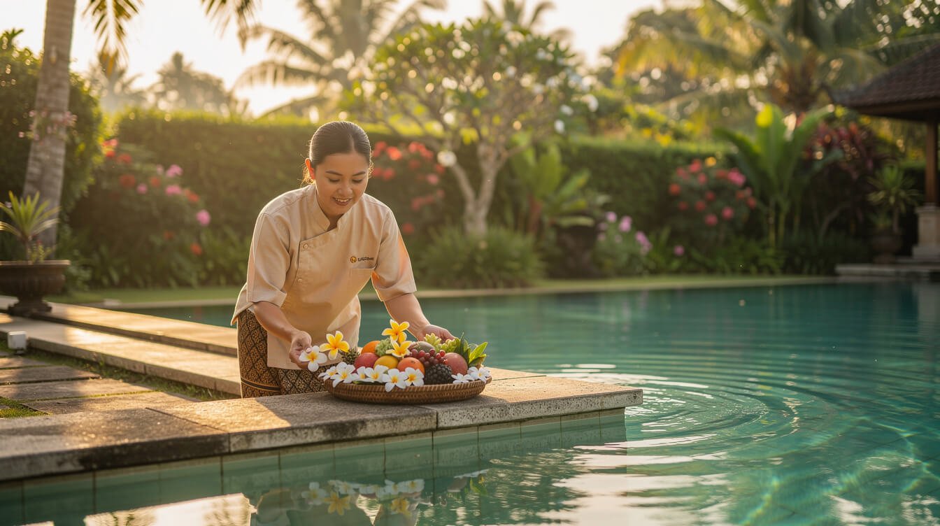 Balinese villa staff arranging fresh flowers and fruit