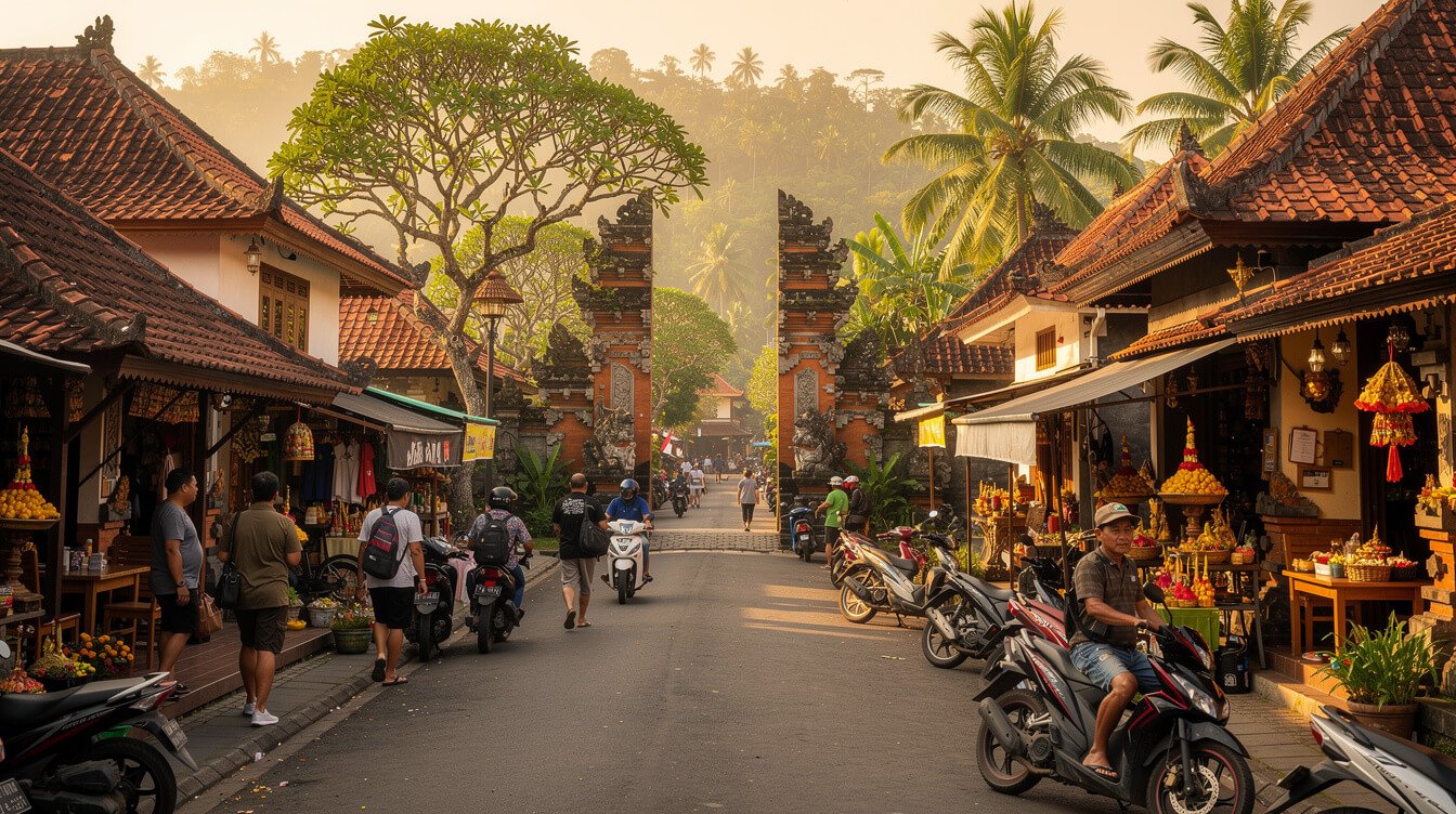 central Ubud street scene with temples and cafes