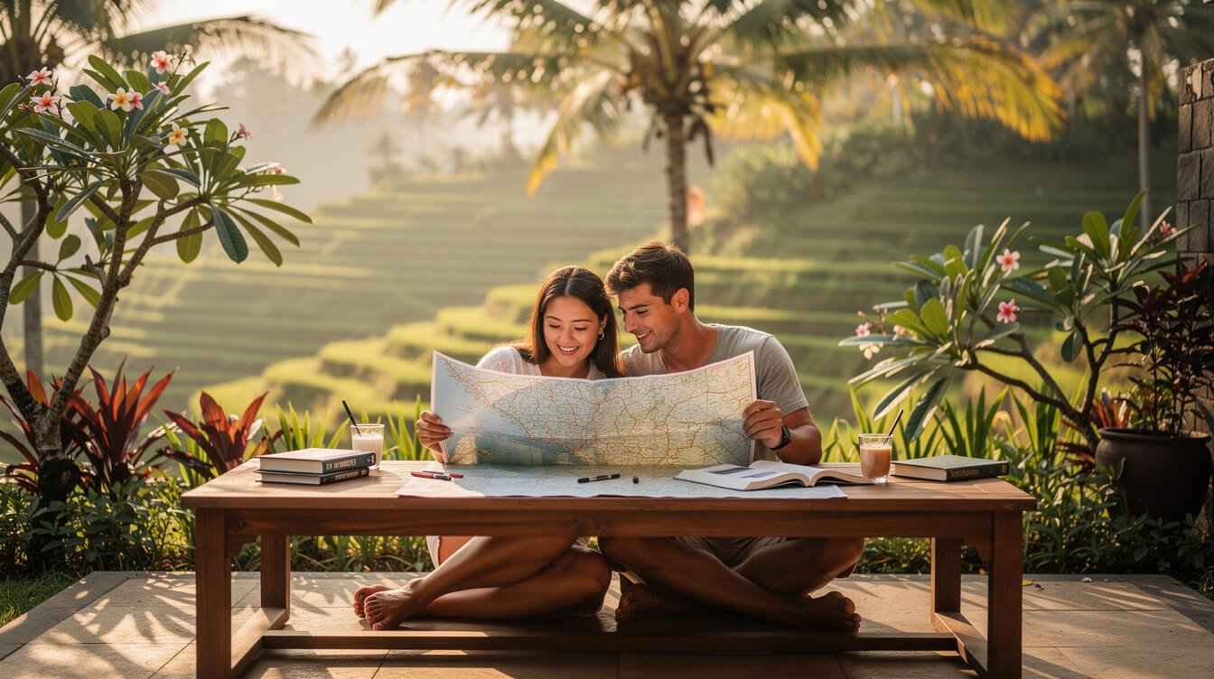 couple planning Ubud trip on a villa terrace with rice terrace view
