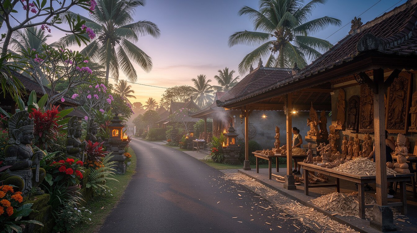 Quiet village road in Mas Ubud with wood carving workshop
