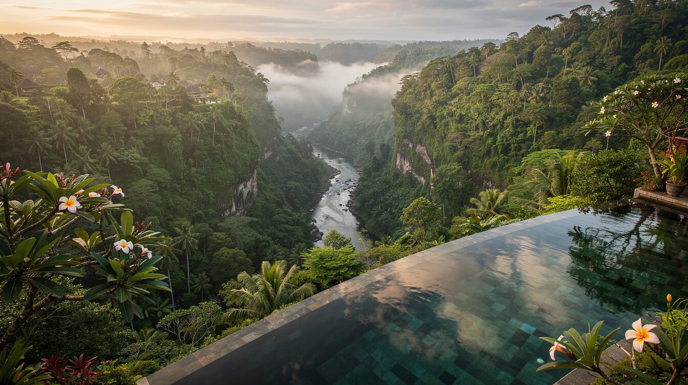 Sayan Ayung River valley gorge with tropical vegetation Ubud