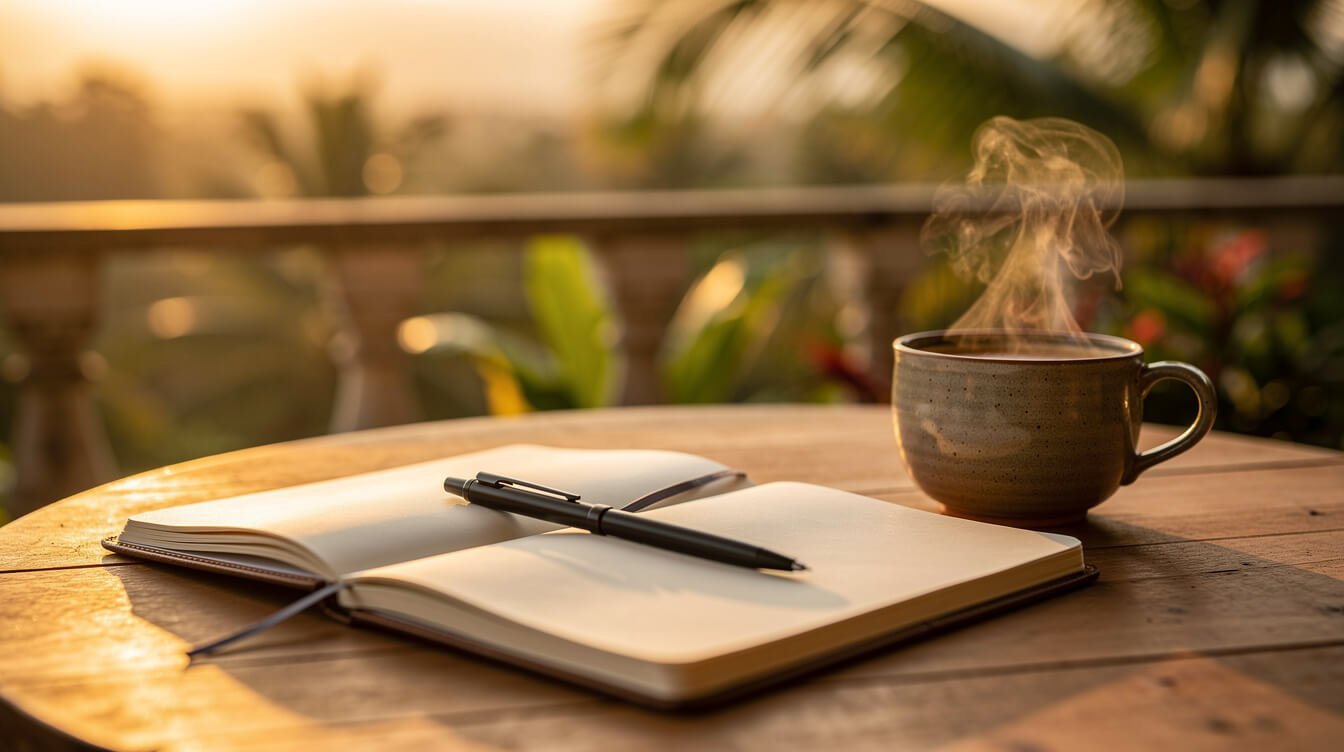 Notebook and coffee on tropical villa terrace