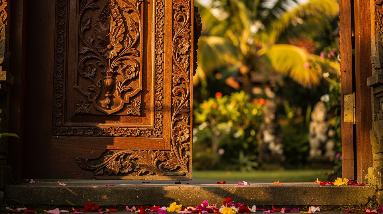 Traditional Balinese carved wooden door with tropical garden