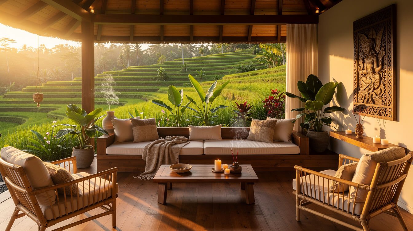 Open-air villa living room overlooking rice terraces at sunset in Ubud