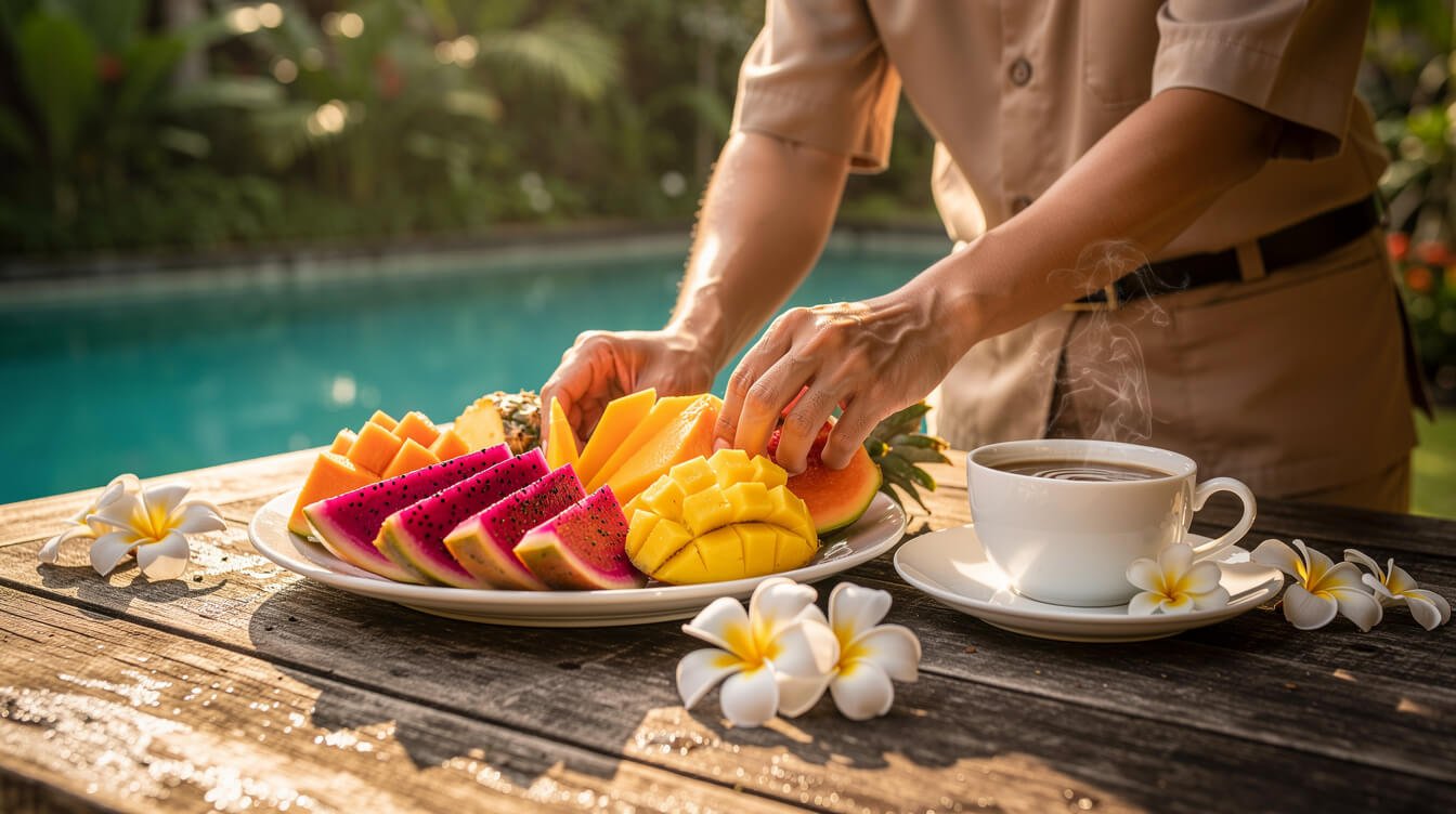 Balinese villa staff preparing fresh tropical breakfast by the pool