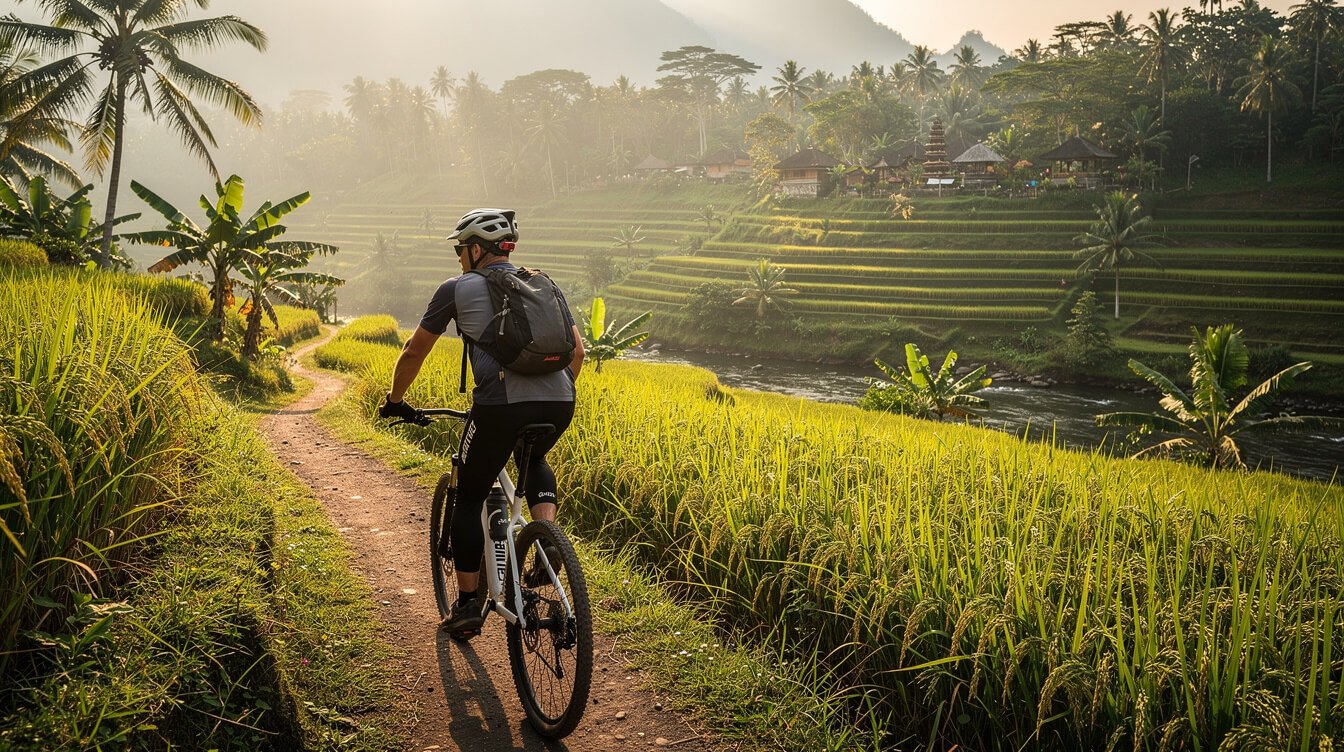 Cycling along rice terraces near the Ayung River Ubud