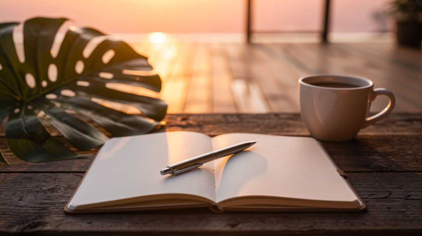 Open notebook with tropical leaves on a sunset deck