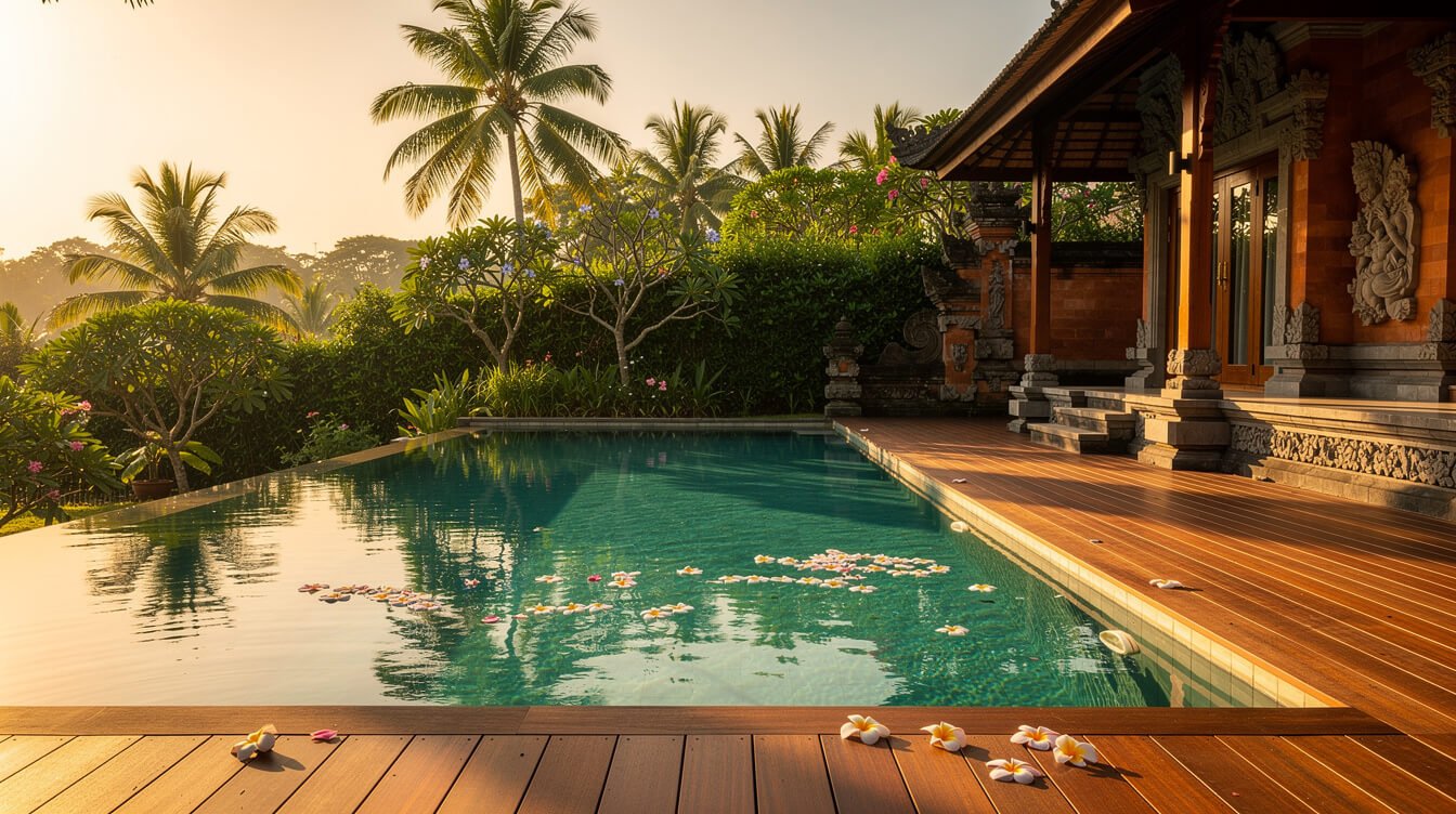 Villa Amrita pool deck at golden hour