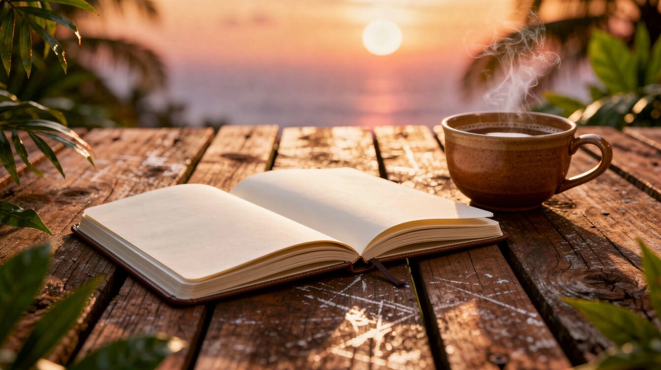 Travel journal on teak deck with Bali coffee