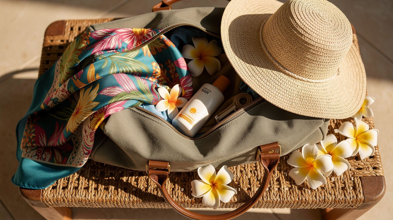 Travel essentials for a Bali holiday on rattan mat