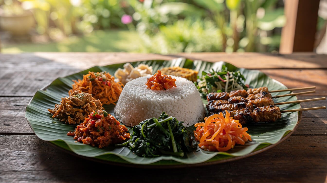 Traditional Balinese nasi campur meal on banana leaf