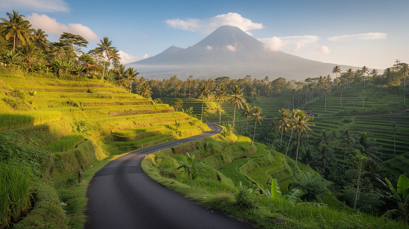 Winding road through Bali rice terraces