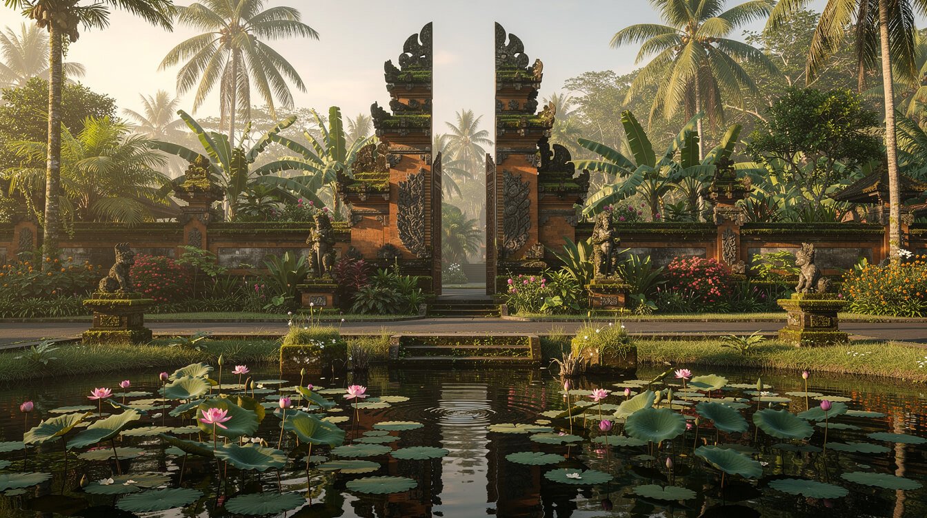 Traditional Balinese water temple with lotus pond
