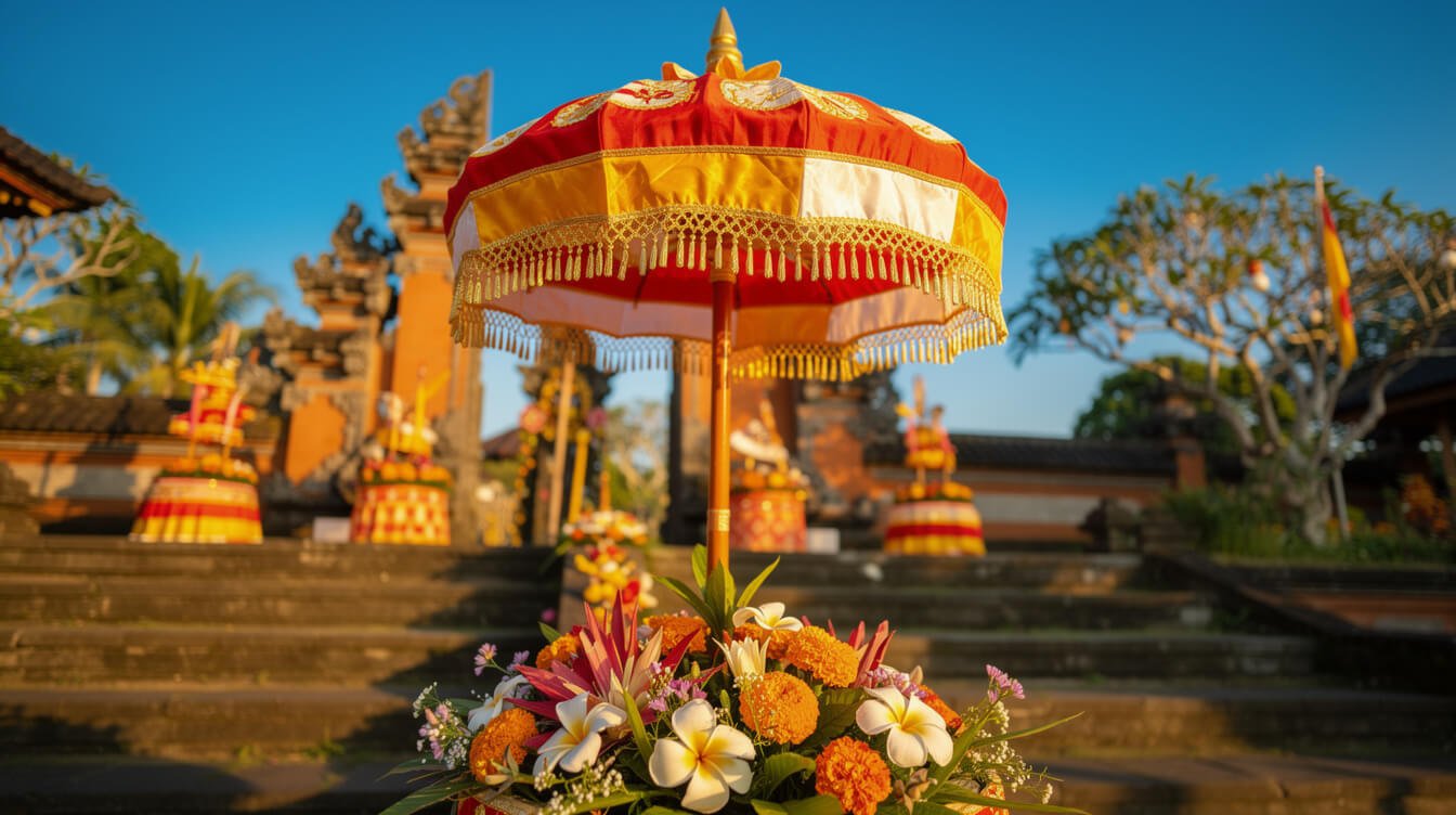 Balinese ceremonial umbrella and temple decorations in dry season