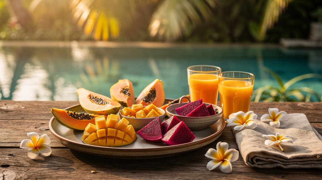Bali honeymoon all inclusive breakfast spread beside a private pool