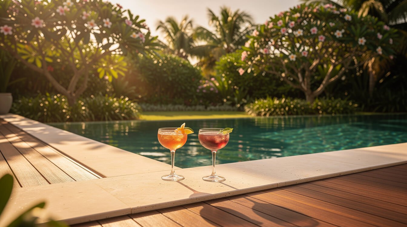 Private villa pool deck at golden hour