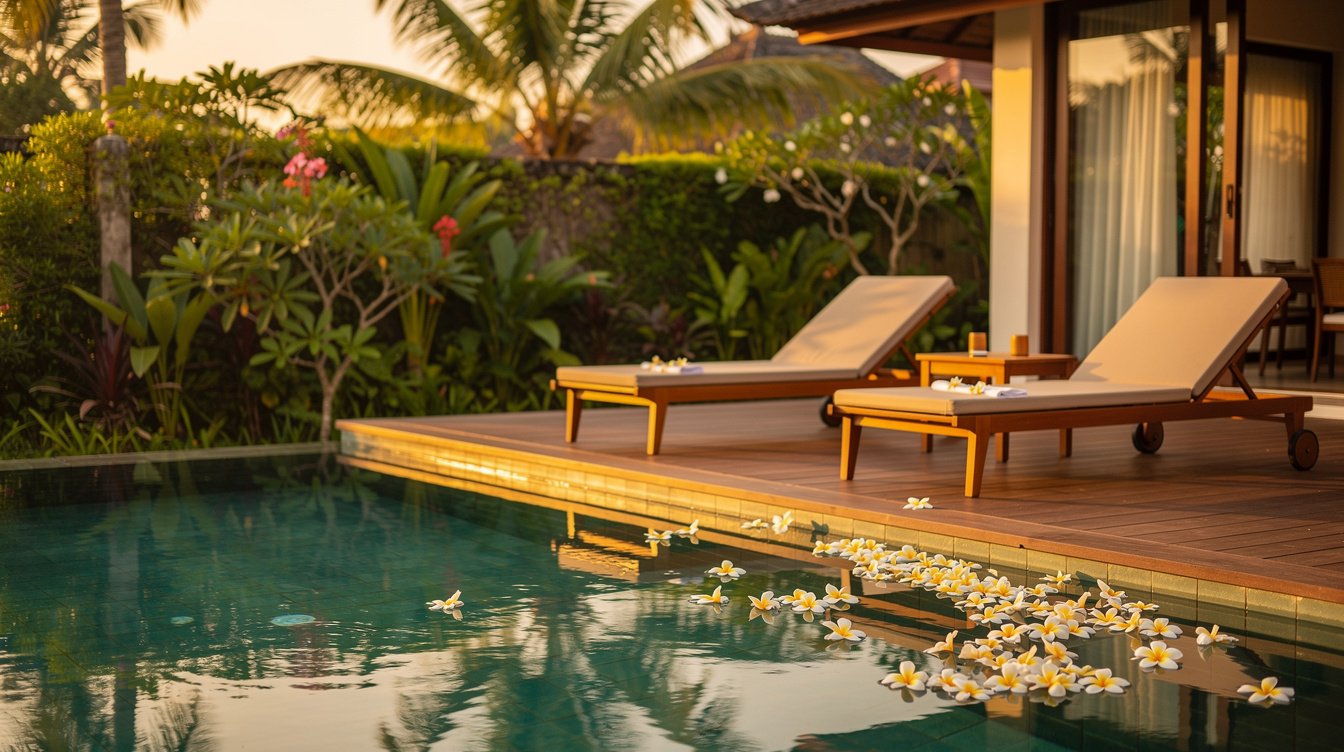 Villa Amrita pool deck at sunset