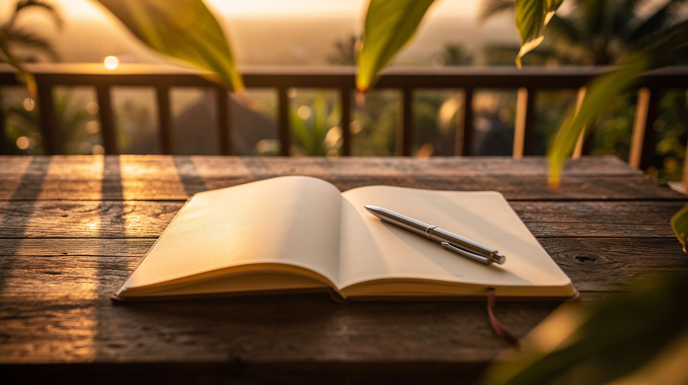 Open notebook on tropical villa terrace at sunset