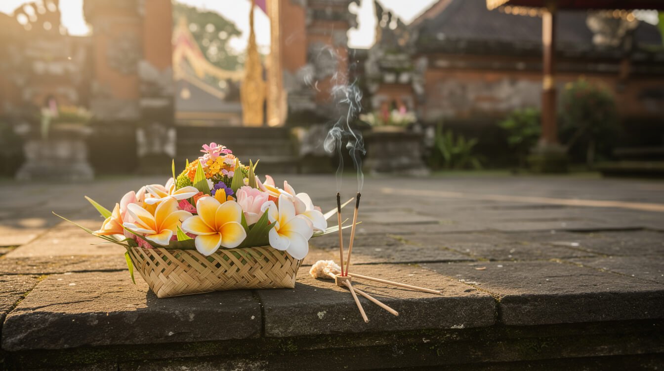 Balinese canang sari flower offerings for spiritual ceremonies