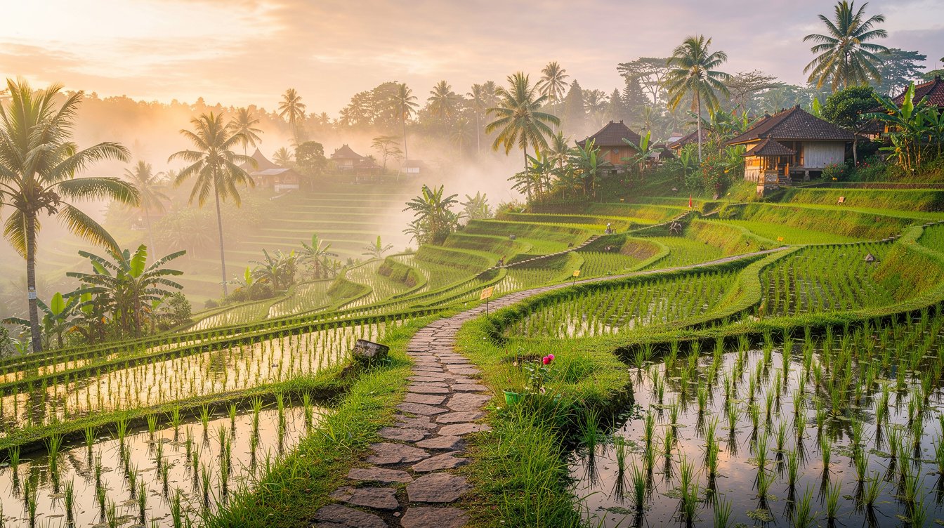 Ubud rice terraces morning mist bali honeymoon itinerary