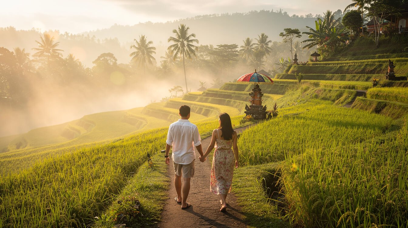 Couple walking through Ubud rice terraces on honeymoon