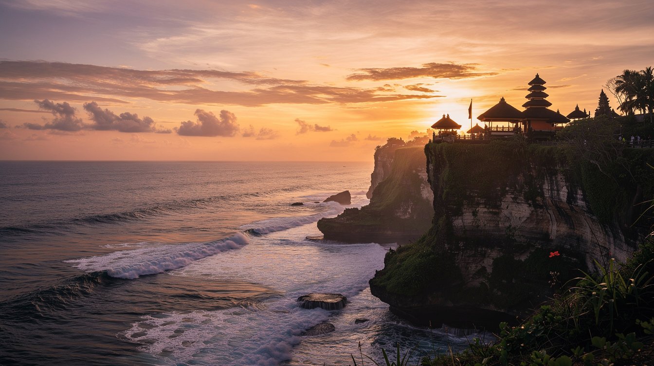 Uluwatu cliff temple sunset Bali honeymoon