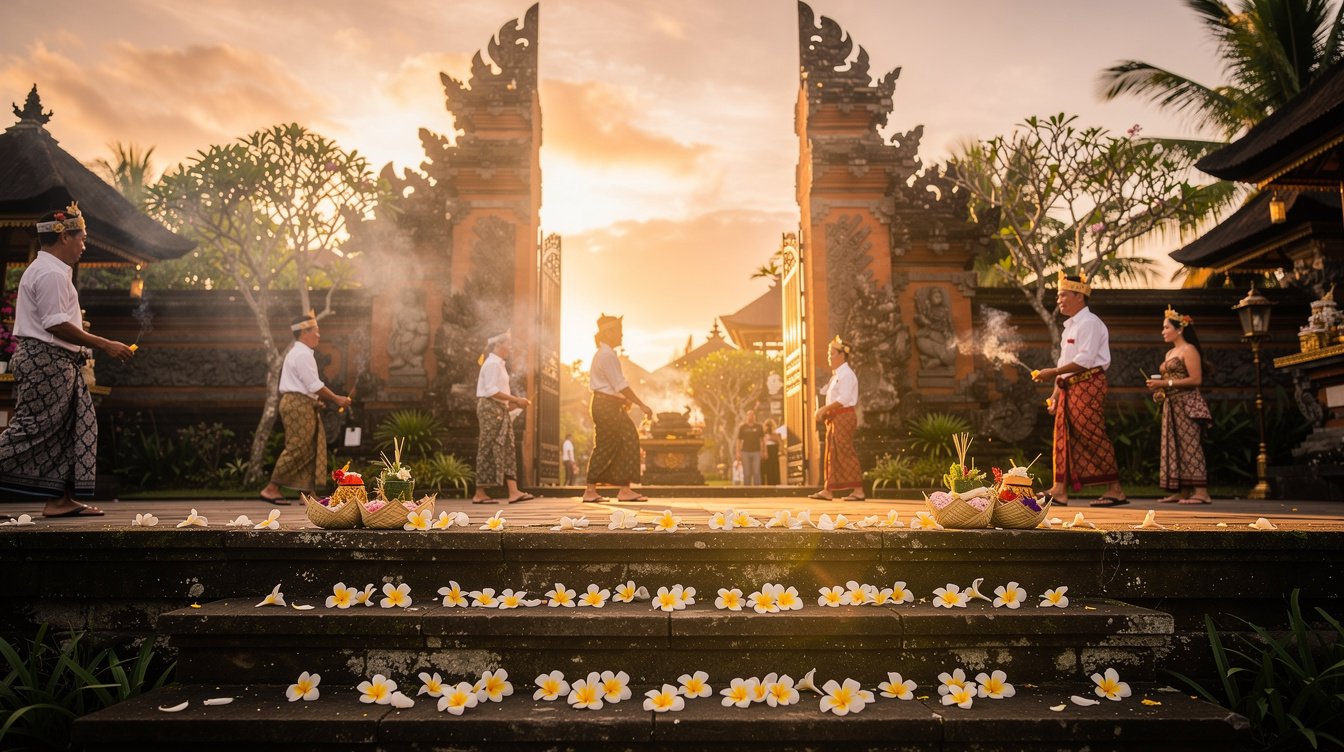 Bali temple at sunset with frangipani flowers
