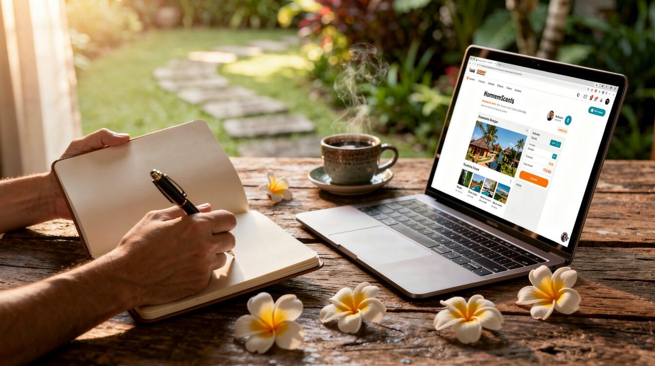 planning a Bali resort trip with notebook and coffee