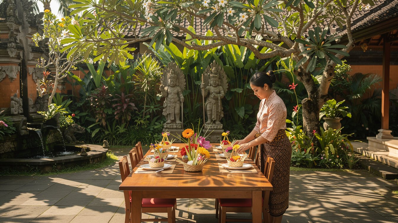 Balinese hospitality at a Bali resort villa with traditional offerings