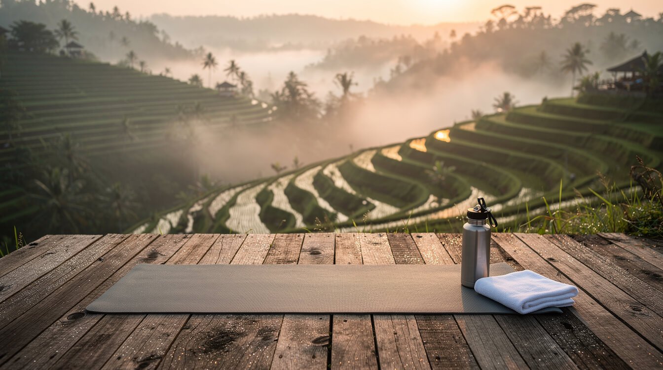 yoga mat overlooking rice terraces Ubud bali spa wellness