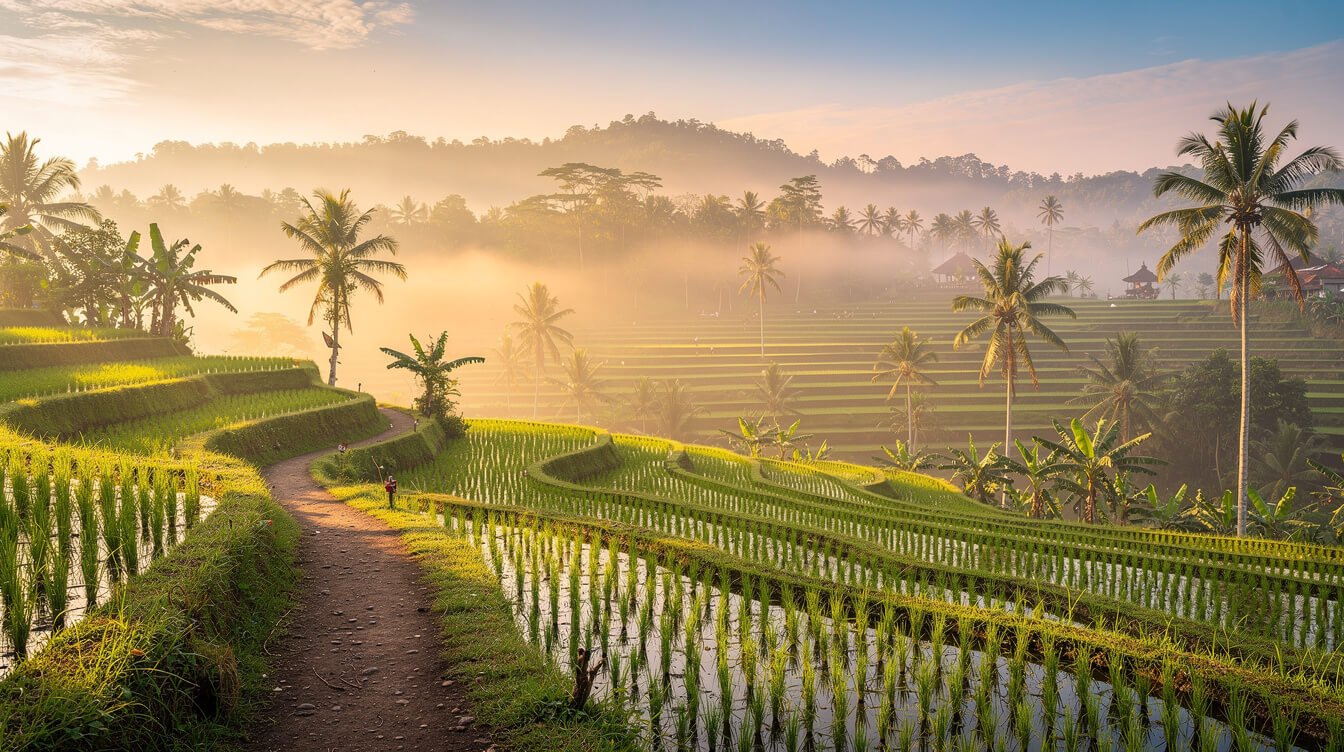 Ubud rice terraces at sunrise with morning mist