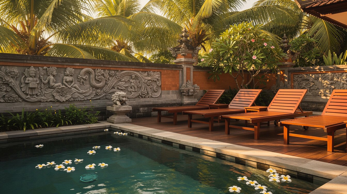 Private pool deck at a Bali villa with frangipani flowers