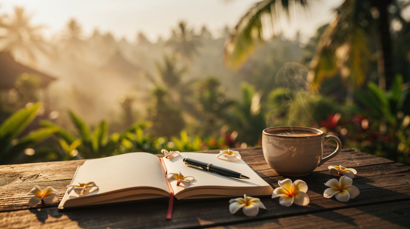 Journal and Bali coffee on a wooden table with tropical garden view