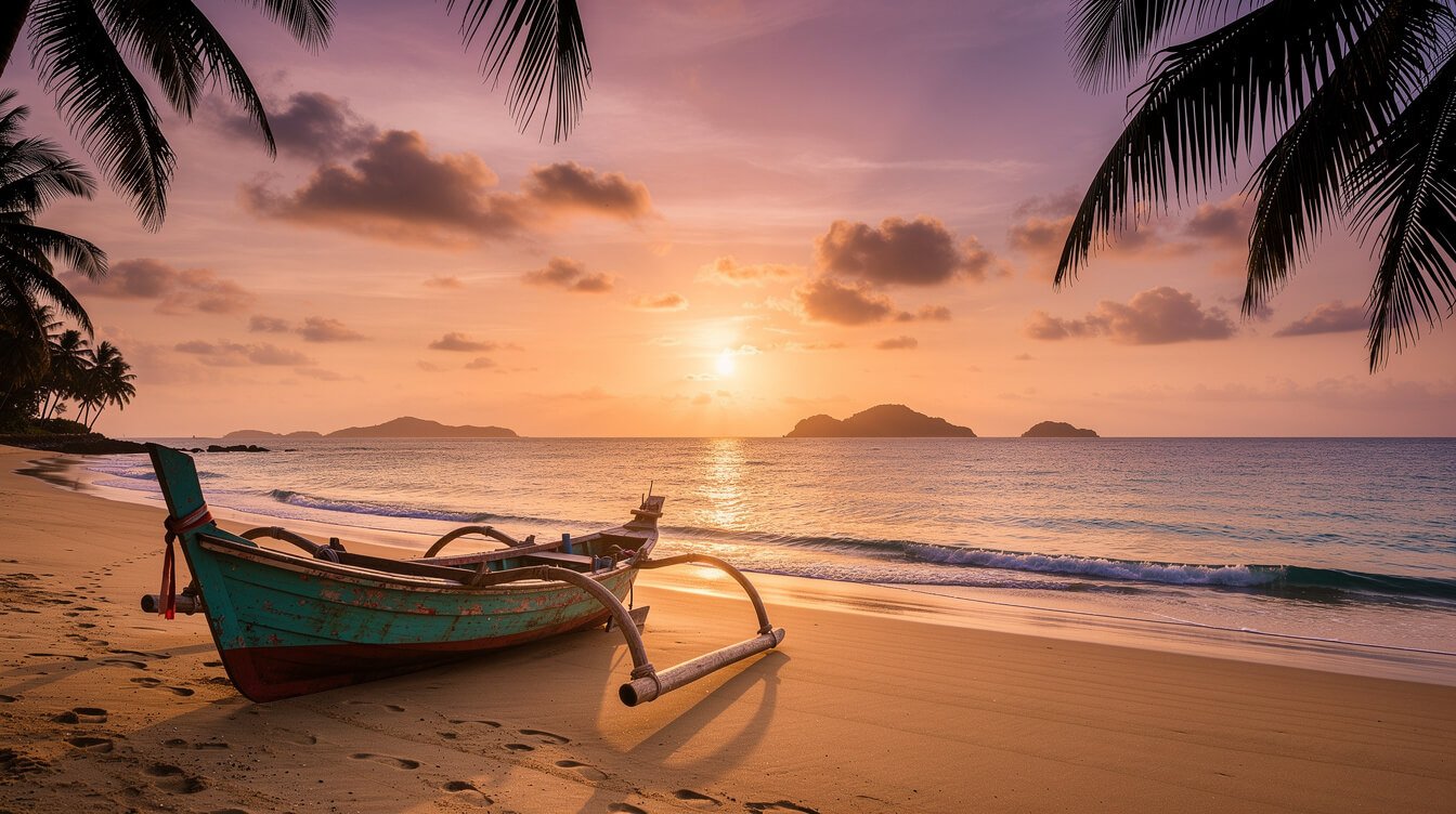 Bali beach at sunset with traditional fishing boat