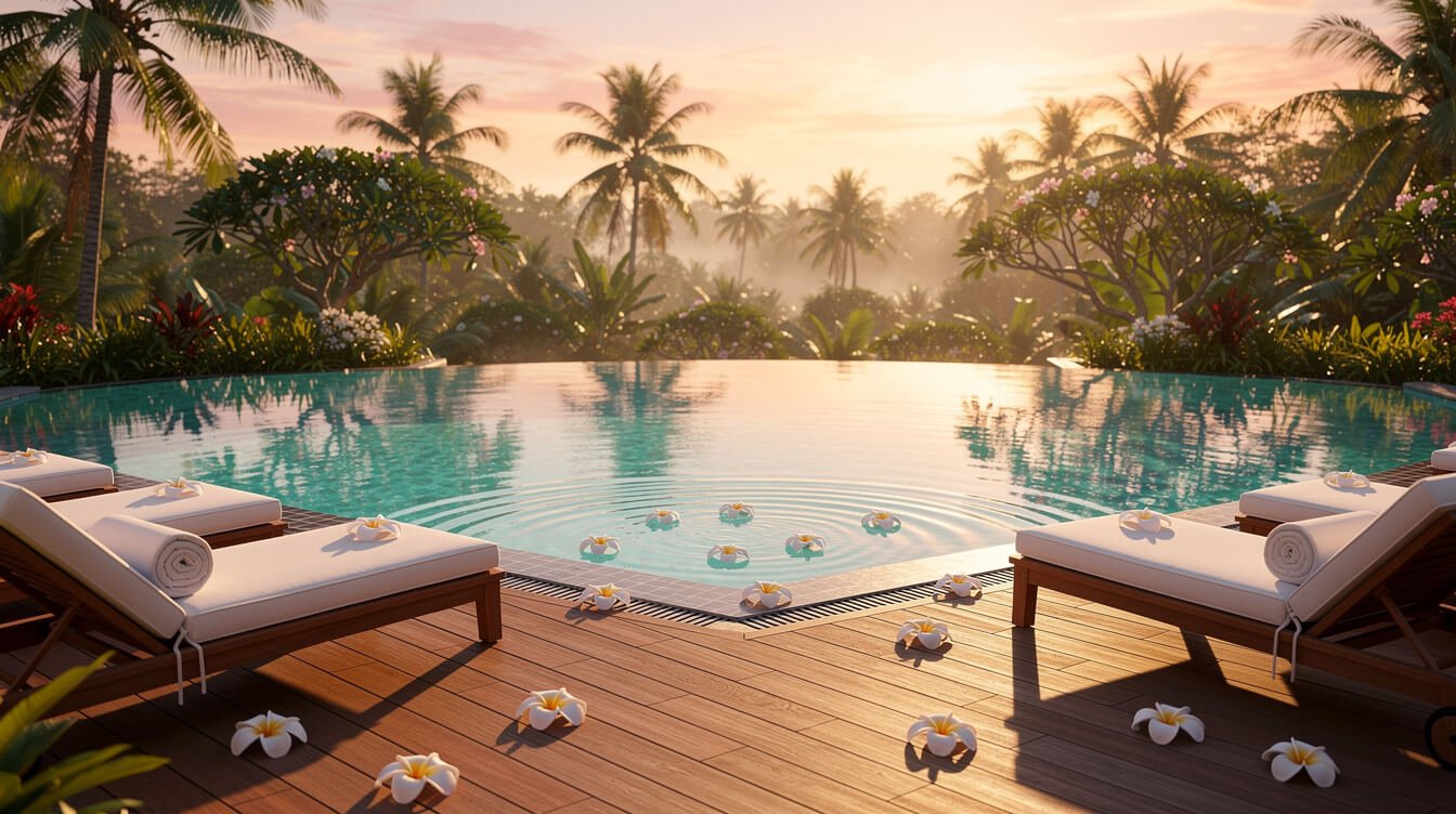 Villa Amrita pool deck overlooking tropical garden
