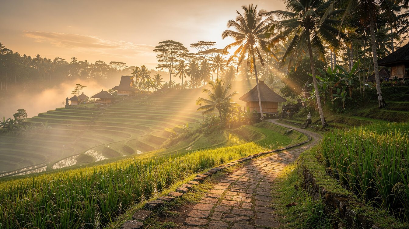 Ubud rice terraces morning mist