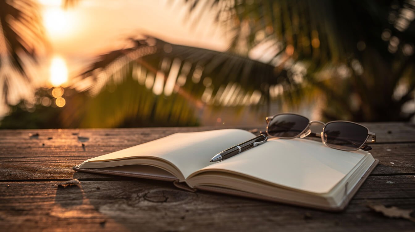 Tropical travel planning scene with notebook