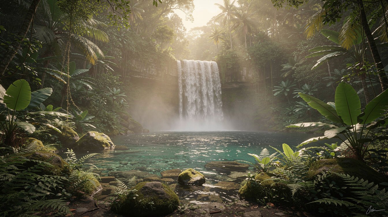 Bali waterfall cascading into natural jungle pool