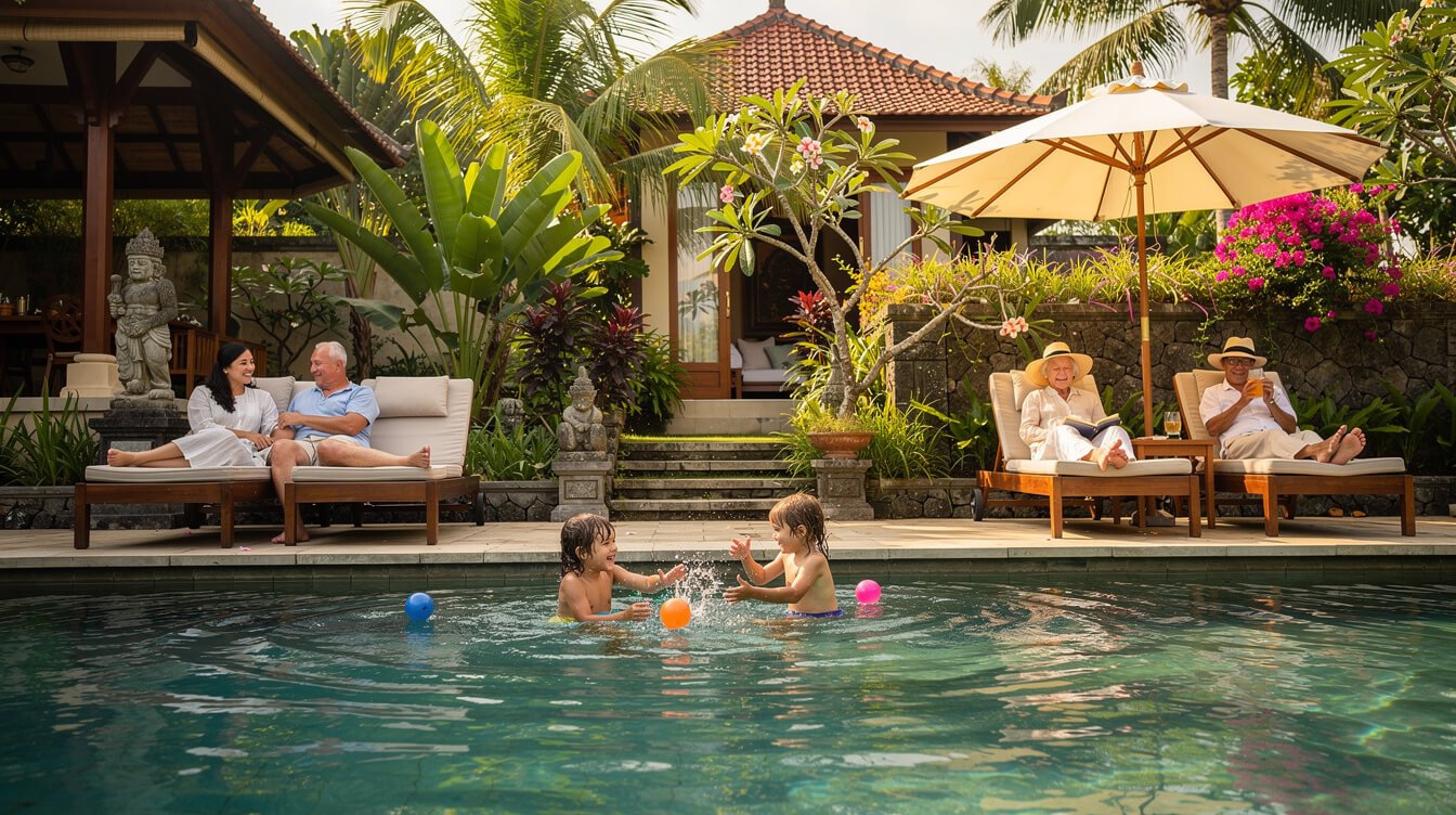 family enjoying a private pool villa in Bali