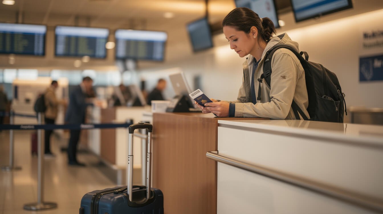 Traveler carefully checking passport details before travel