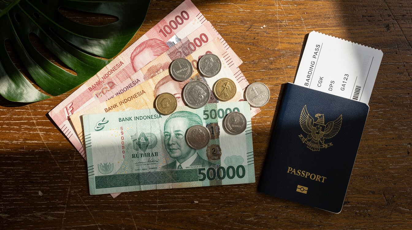 Indonesian rupiah currency and passport for bali tour visa costs