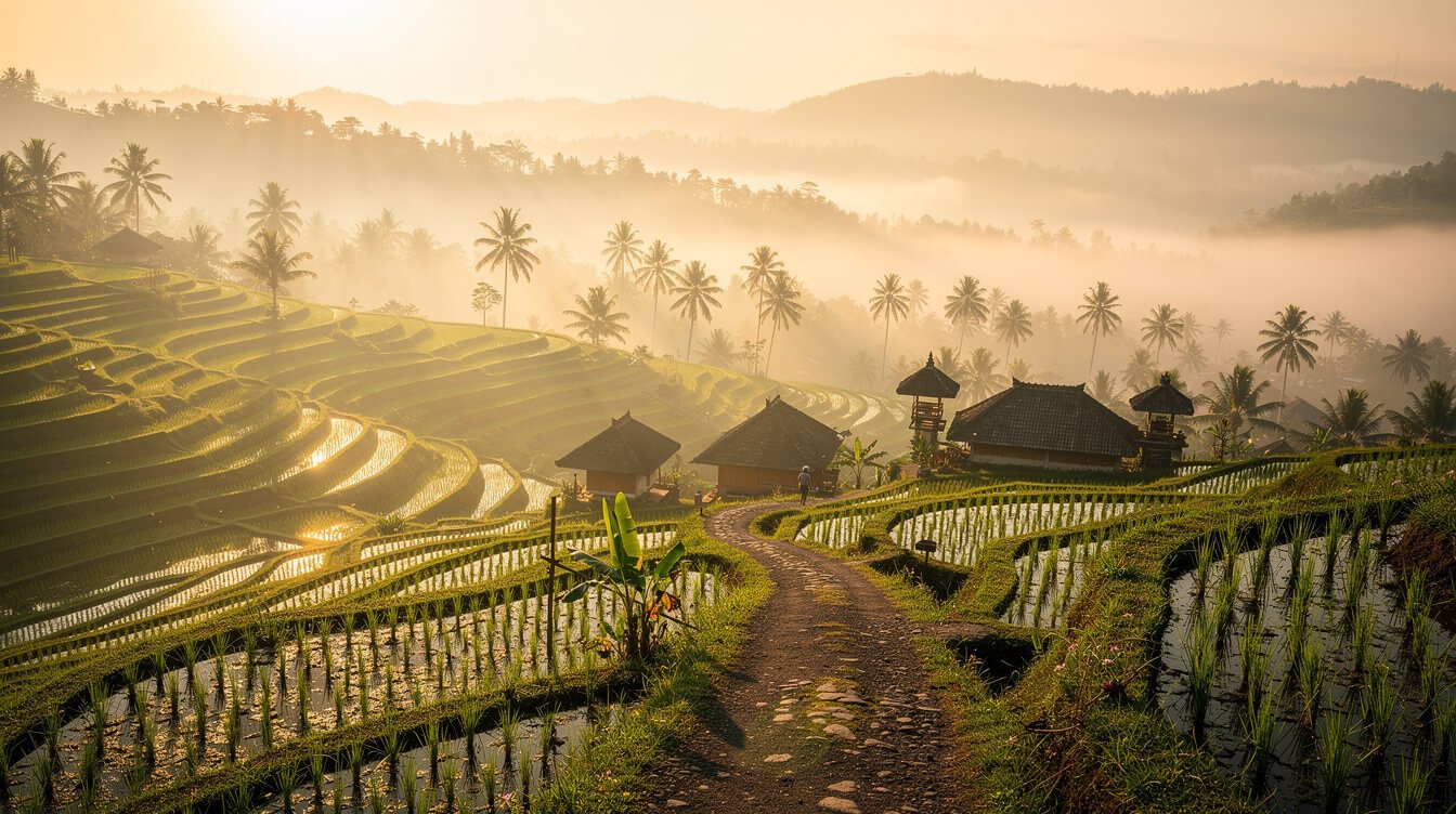 Ubud rice terraces at sunrise with morning mist