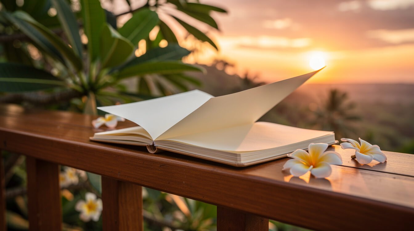 Notebook on a tropical deck at sunset with Bali breeze