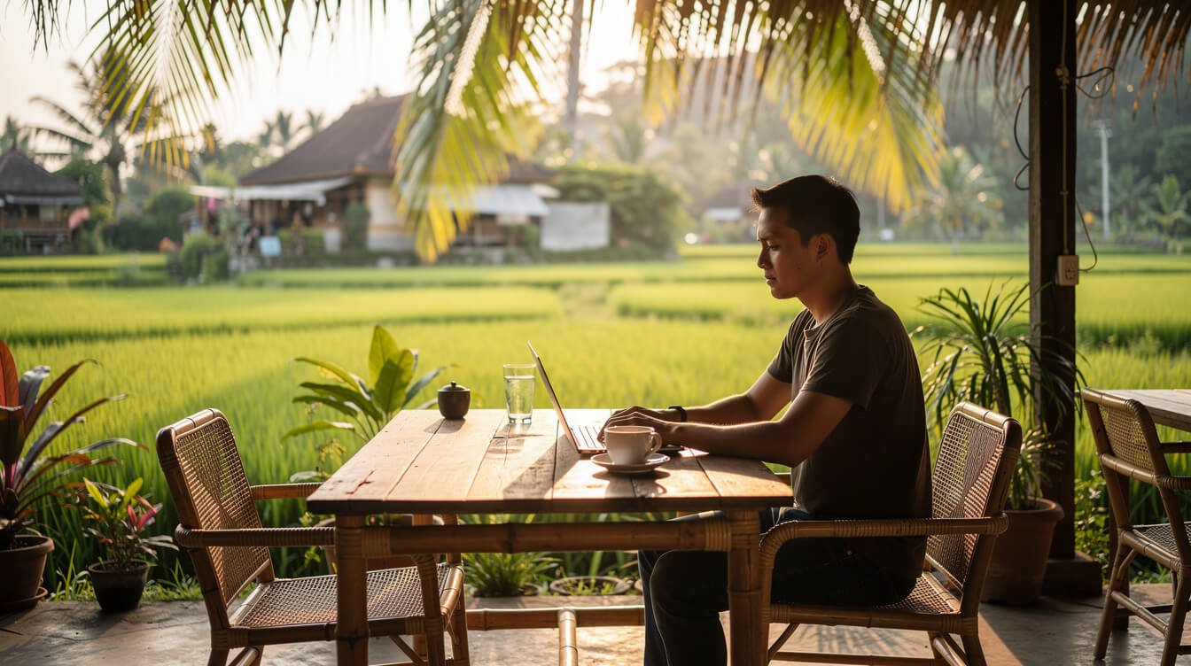 Digital nomad working at tropical Bali cafe with rice field view