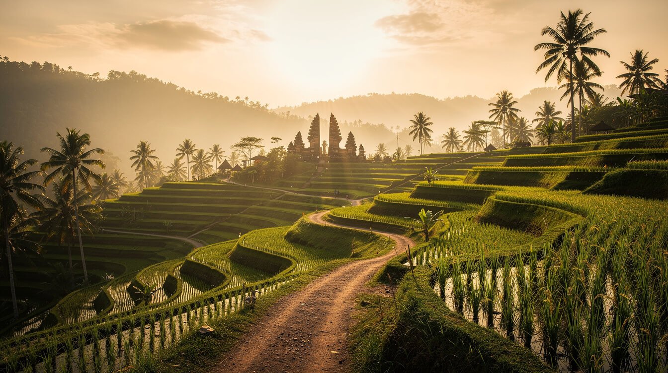 Bali rice terraces at golden hour with winding path