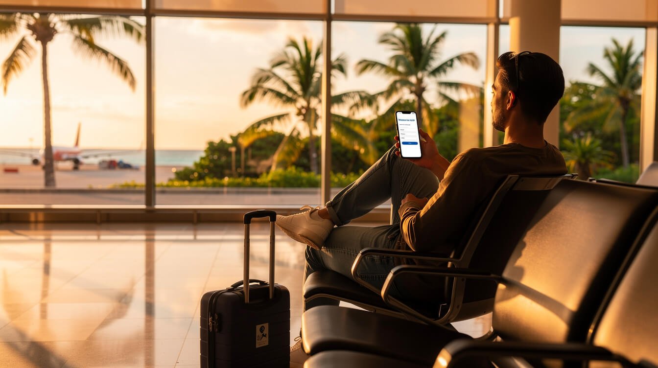 Traveler using smartphone for online visa application at airport