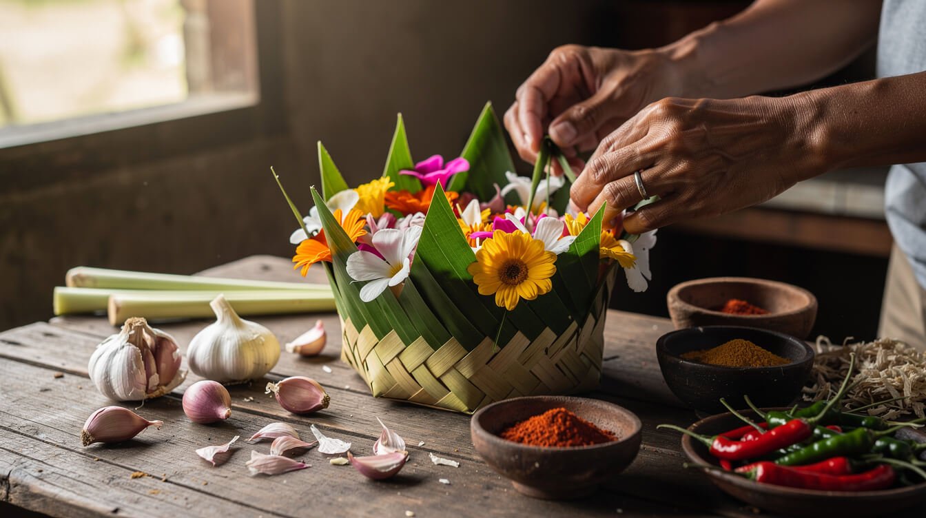Balinese daily offerings canang sari alongside cooking ingredients